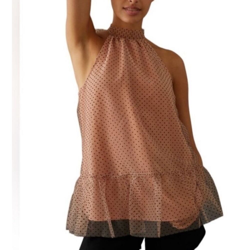 (NWT) By Anthropologie Tan Polka Dot Mesh High Neck Tunic Blouse Size XL